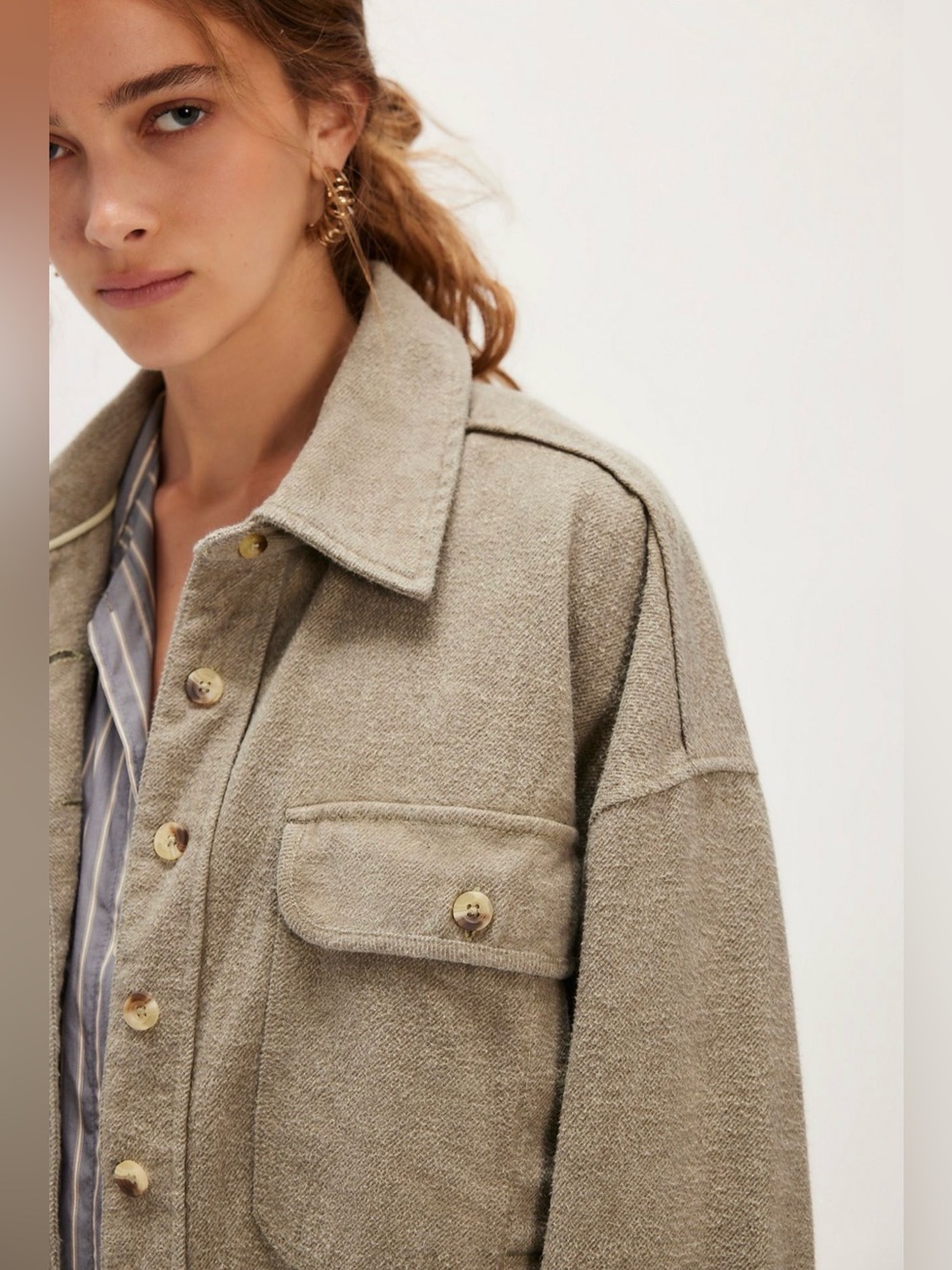 Free People Peached Twill Shirt Jacket Shacket We The Free Pockets Green Combo